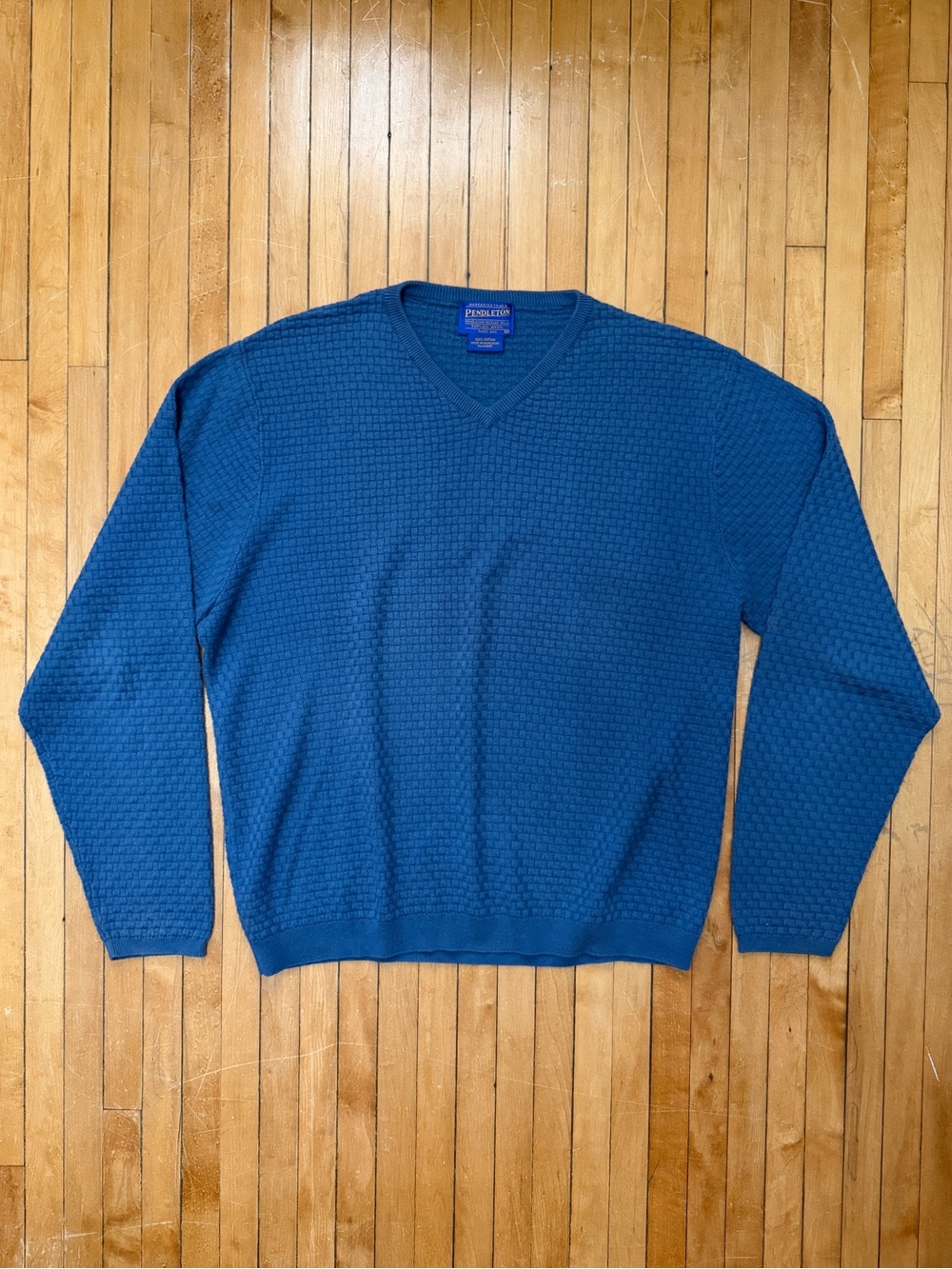 Vintage Pendleton Blue Basket Weave V-neck Sweater 100% Cotton Sz. M (Hong Kong)